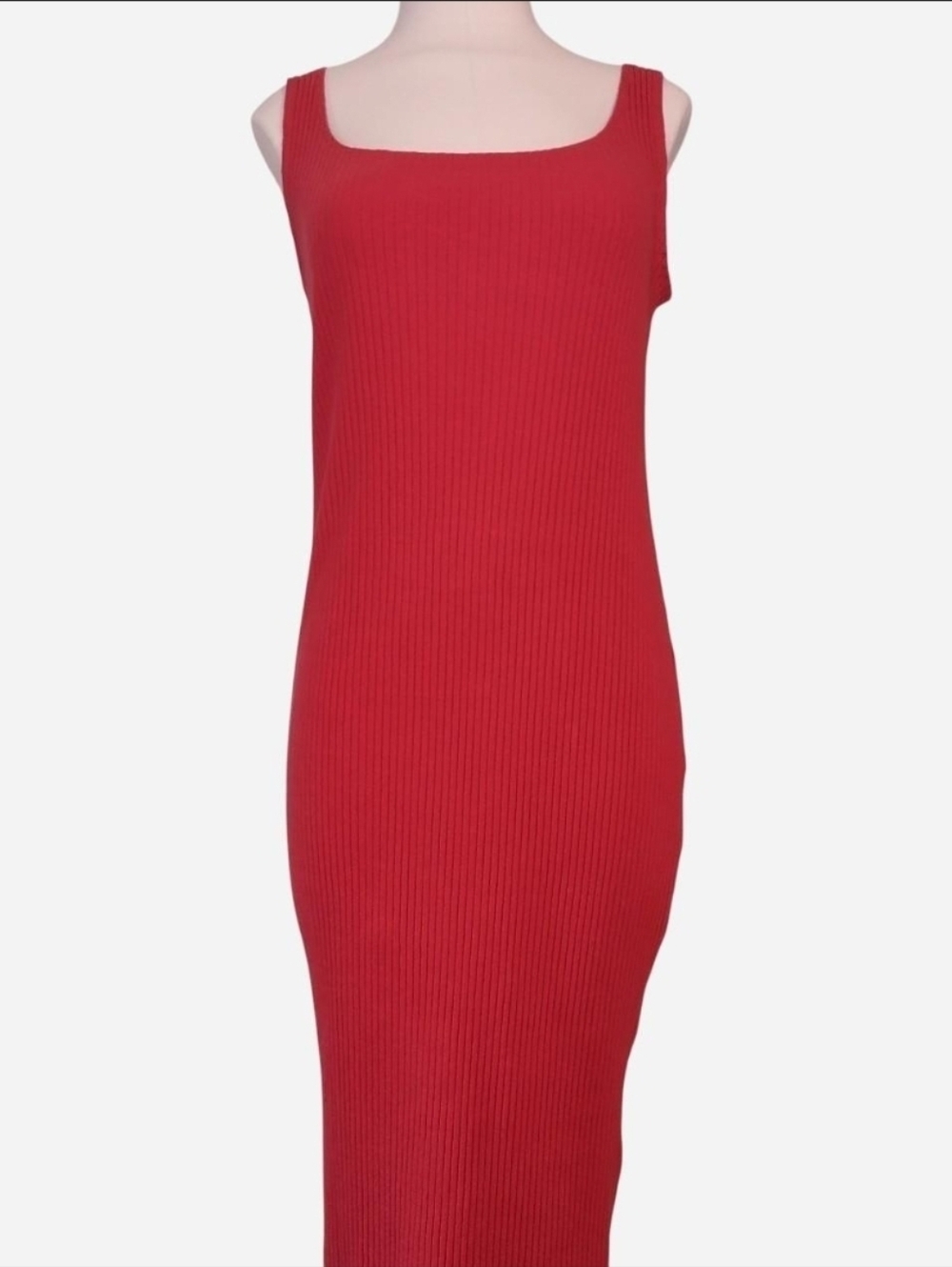 H&M Red Ribbed Square-Neck Midi Dress